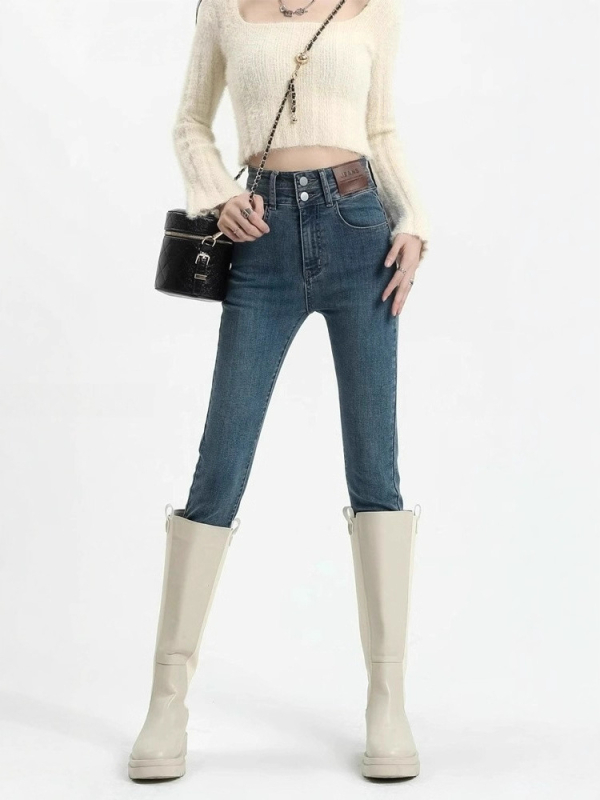 Ženske uske hlače džins u stilu olovke s visokim strukom, urbani elegantan stil, puna dužina, jesen 2025