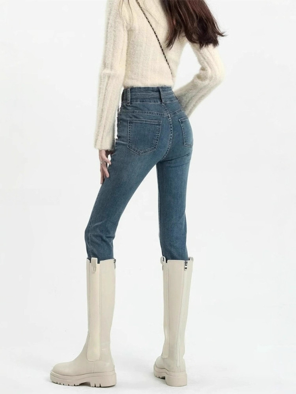 Ženske uske hlače džins u stilu olovke s visokim strukom, urbani elegantan stil, puna dužina, jesen 2025