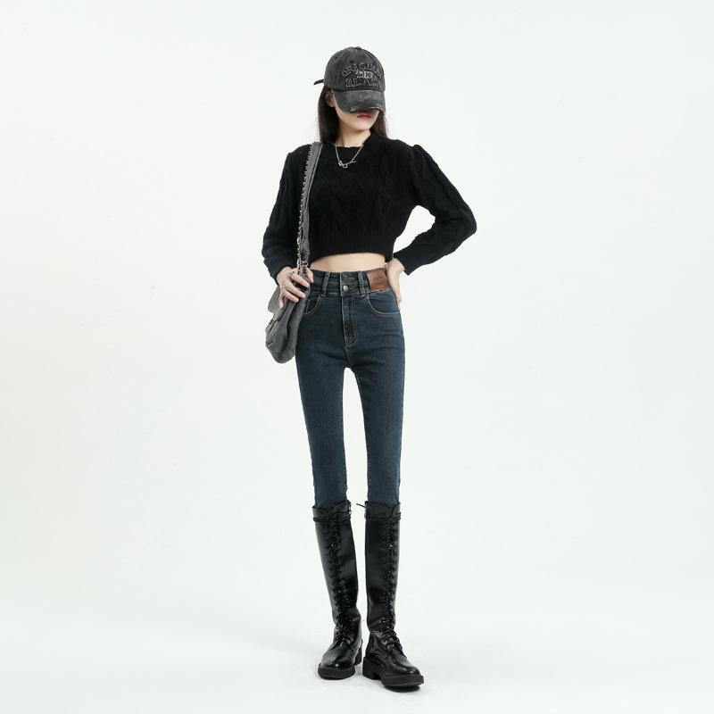 Ženske uske hlače džins u stilu olovke s visokim strukom, urbani elegantan stil, puna dužina, jesen 2025