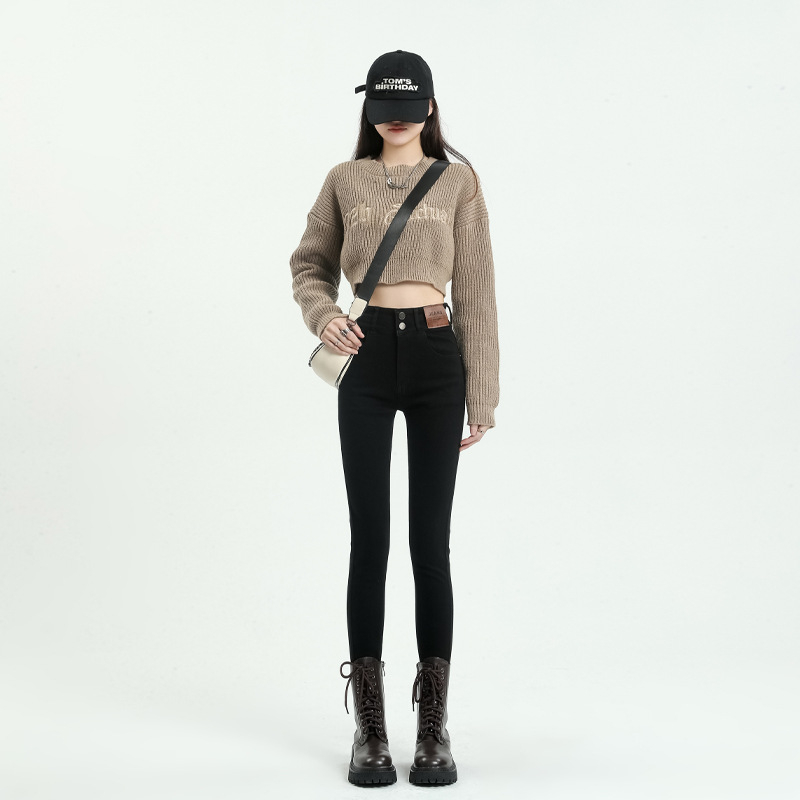 Ženske uske hlače džins u stilu olovke s visokim strukom, urbani elegantan stil, puna dužina, jesen 2025