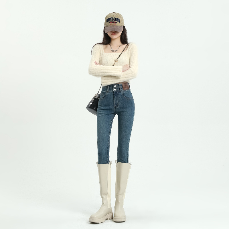 Ženske uske hlače džins u stilu olovke s visokim strukom, urbani elegantan stil, puna dužina, jesen 2025