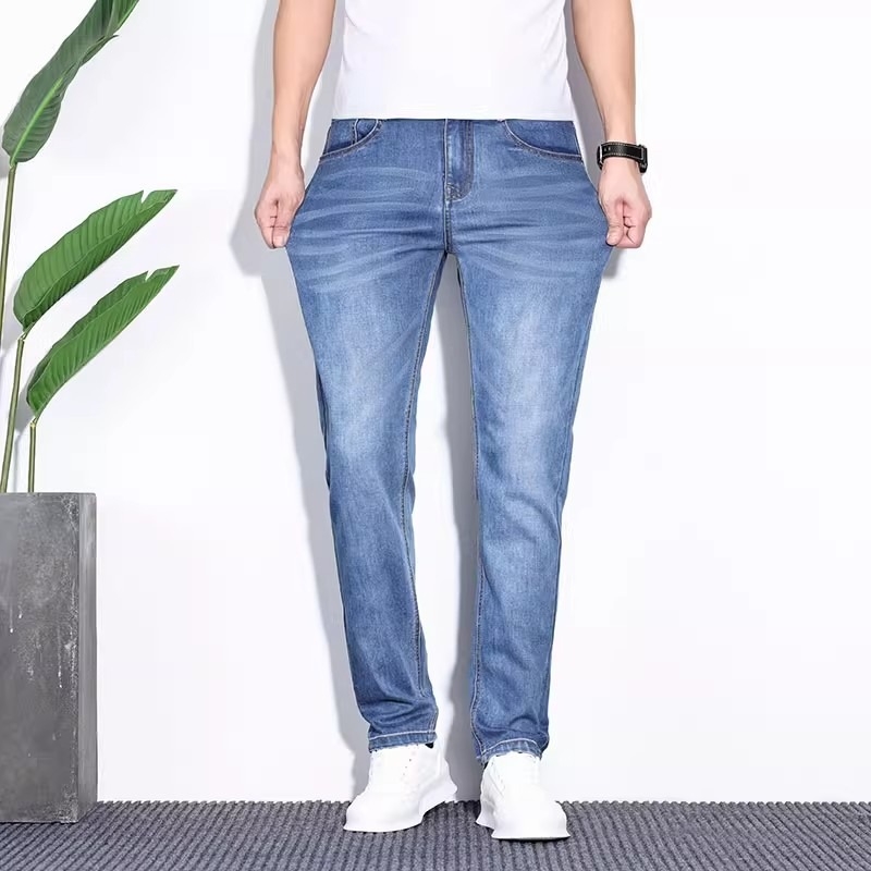 Pánske rovné jeans – priedušný strečový materiál, stredná výška pásu, zips, business casual štýl