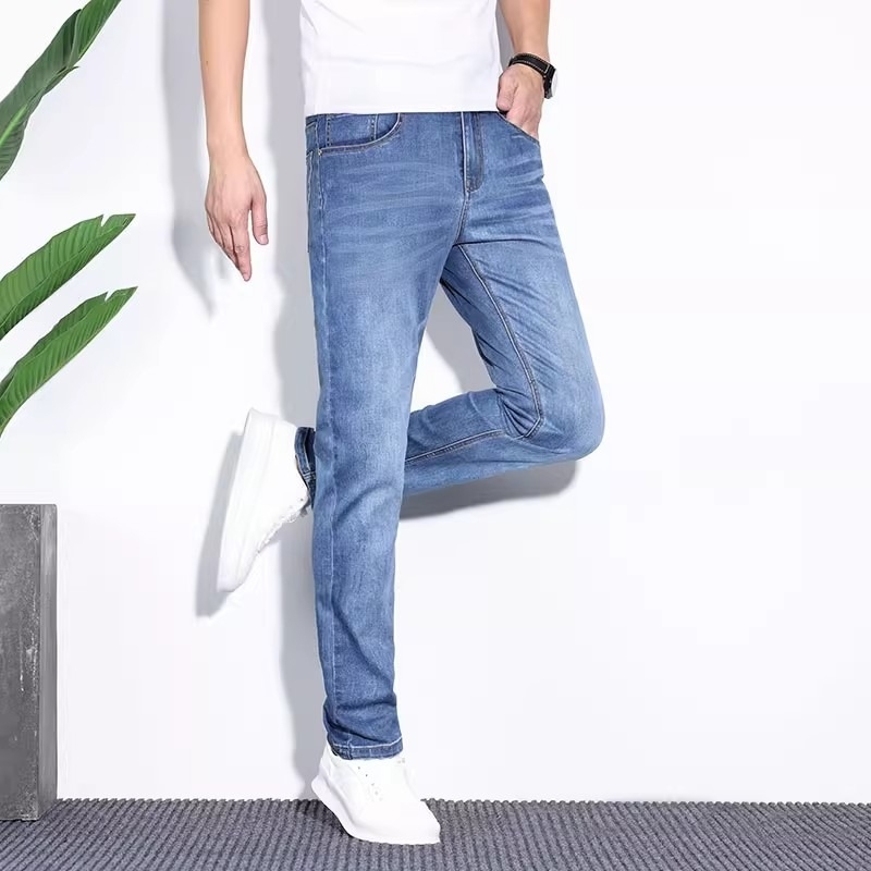Pánske rovné jeans – priedušný strečový materiál, stredná výška pásu, zips, business casual štýl
