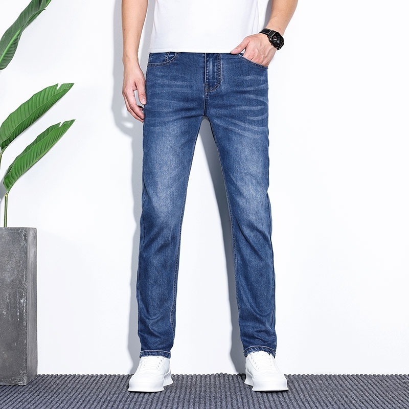 Pánske rovné jeans – priedušný strečový materiál, stredná výška pásu, zips, business casual štýl