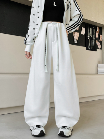Ženske casual hlače visokog struka i širokih nogavica, duge, japansko-korejskog casual stila, 50–70% pamuka i 50–70% poliestera, blagi rastezljivost