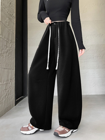 Ženske casual hlače visokog struka i širokih nogavica, duge, japansko-korejskog casual stila, 50–70% pamuka i 50–70% poliestera, blagi rastezljivost