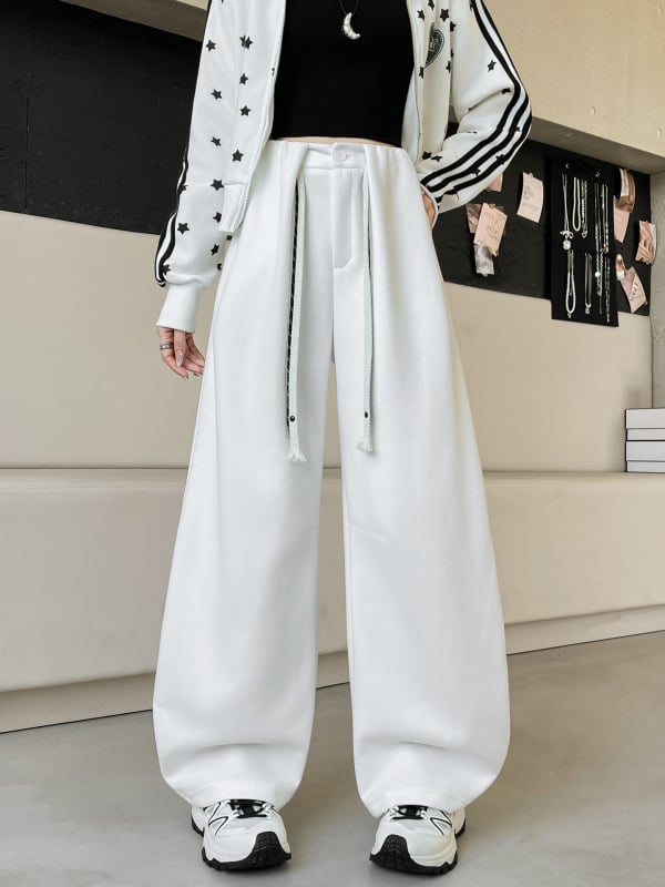 Ženske casual hlače visokog struka i širokih nogavica, duge, japansko-korejskog casual stila, 50–70% pamuka i 50–70% poliestera, blagi rastezljivost