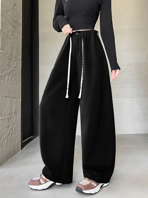 Ženske casual hlače visokog struka i širokih nogavica, duge, japansko-korejskog casual stila, 50–70% pamuka i 50–70% poliestera, blagi rastezljivost