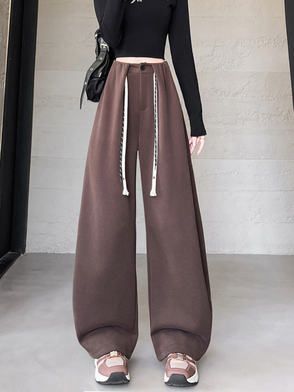 Ženske casual hlače visokog struka i širokih nogavica, duge, japansko-korejskog casual stila, 50–70% pamuka i 50–70% poliestera, blagi rastezljivost