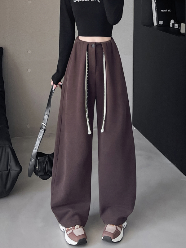 Ženske casual hlače visokog struka i širokih nogavica, duge, japansko-korejskog casual stila, 50–70% pamuka i 50–70% poliestera, blagi rastezljivost