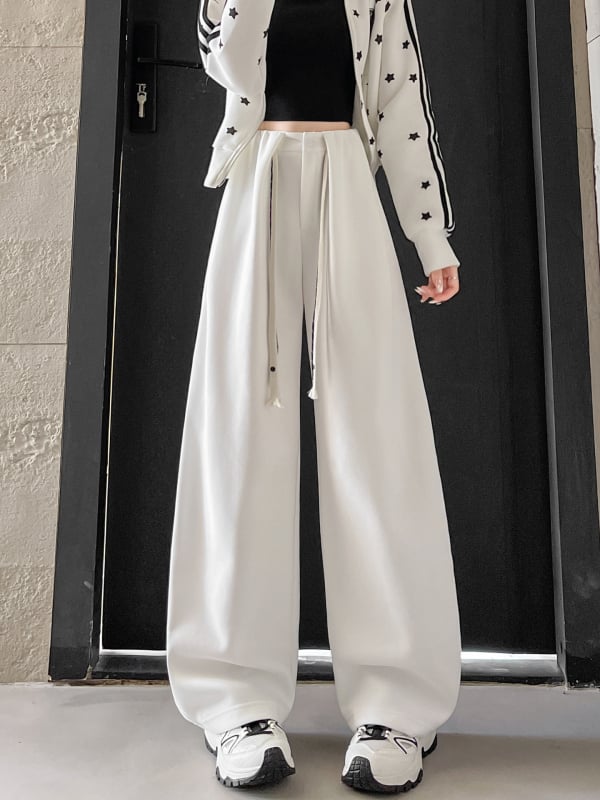 Ženske casual hlače visokog struka i širokih nogavica, duge, japansko-korejskog casual stila, 50–70% pamuka i 50–70% poliestera, blagi rastezljivost