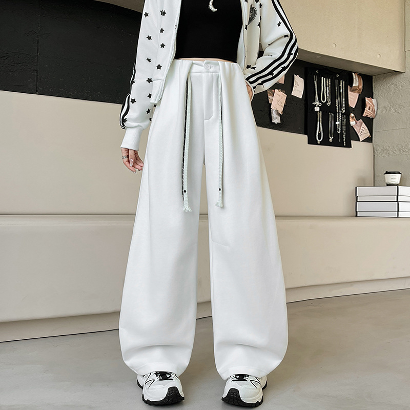 Ženske casual hlače visokog struka i širokih nogavica, duge, japansko-korejskog casual stila, 50–70% pamuka i 50–70% poliestera, blagi rastezljivost