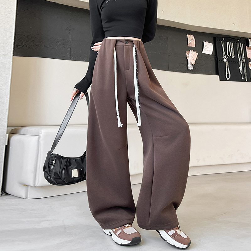 Ženske casual hlače visokog struka i širokih nogavica, duge, japansko-korejskog casual stila, 50–70% pamuka i 50–70% poliestera, blagi rastezljivost