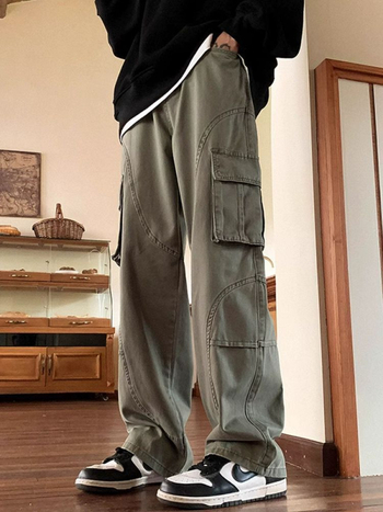 Muške radne hlače s labavim krojem, srednji porast struka, vezanje čvora, ravni kroj nogavica, elastna poliester-smjesa