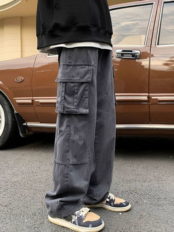 Muške radne hlače s labavim krojem, srednji porast struka, vezanje čvora, ravni kroj nogavica, elastna poliester-smjesa