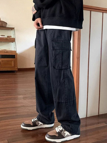 Muške radne hlače s labavim krojem, srednji porast struka, vezanje čvora, ravni kroj nogavica, elastna poliester-smjesa