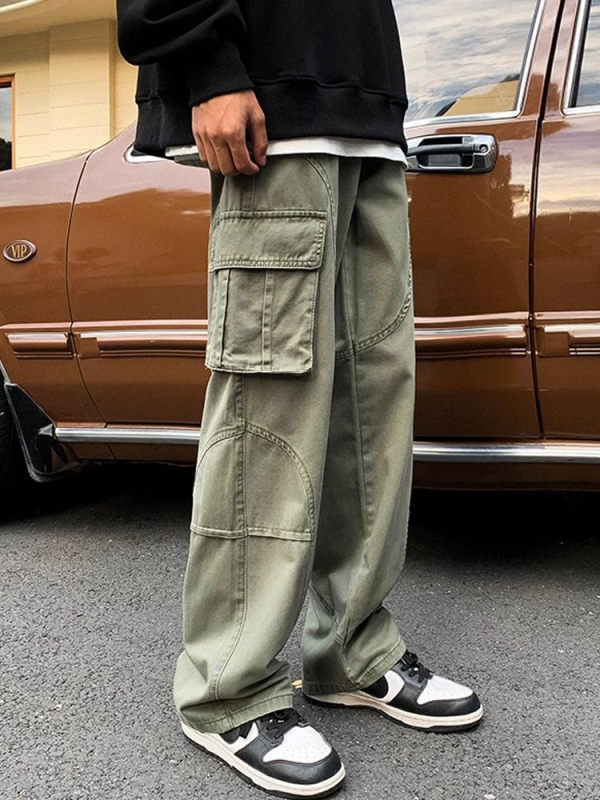 Muške radne hlače s labavim krojem, srednji porast struka, vezanje čvora, ravni kroj nogavica, elastna poliester-smjesa