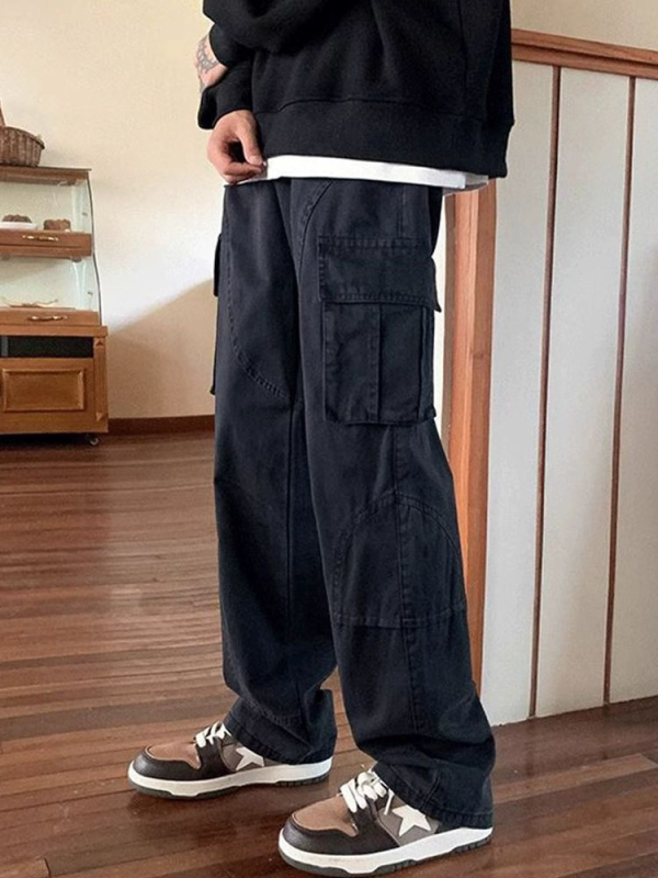 Muške radne hlače s labavim krojem, srednji porast struka, vezanje čvora, ravni kroj nogavica, elastna poliester-smjesa