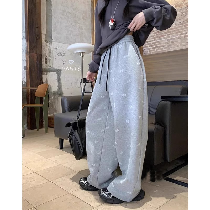 Панталони с широк крак, принт с панделка, висока талия, дълги до пода, смес вискоза със спандекс