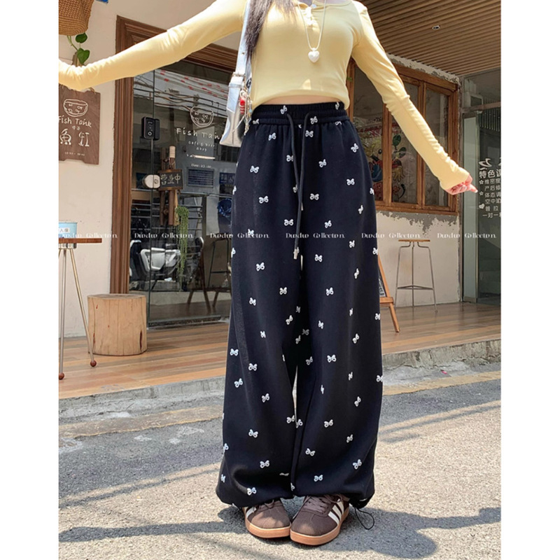 Панталони с широк крак, принт с панделка, висока талия, дълги до пода, смес вискоза със спандекс