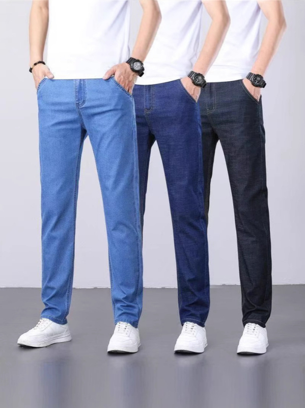 Férfi egyenes szabású farmer, elasztikus, középmagas derék, gombos zárás, 80% pamut, tavasz–ősz