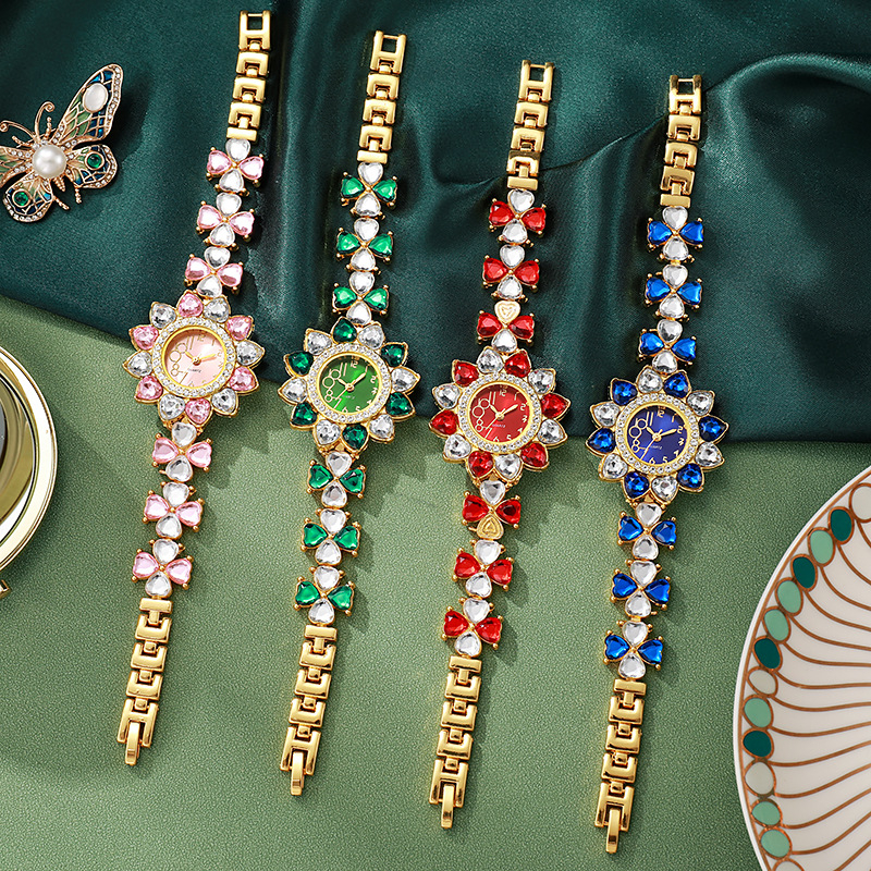 Ženski sat s kristalima, etničkog stila, kvarcni mehanizam, remen od nehrđajućeg čelika, prilagodljiv logotip