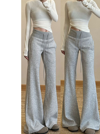 Opuštene hlače s visokim strukom i zvonastim krojem, 3/4 duljine, poliester