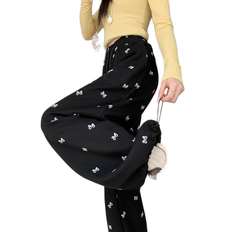 Casual nohavice s potlačou mašličky, široké nohavice, kórejský štýl, vysoký pás, dĺžka po podlahe, viskózovo-spandex zmes