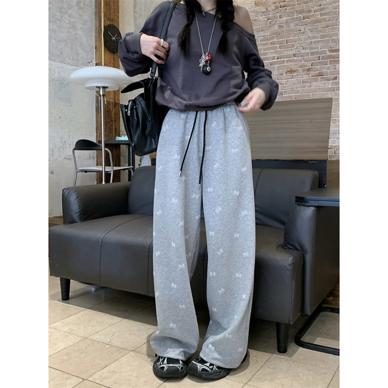 Casual nohavice s potlačou mašličky, široké nohavice, kórejský štýl, vysoký pás, dĺžka po podlahe, viskózovo-spandex zmes