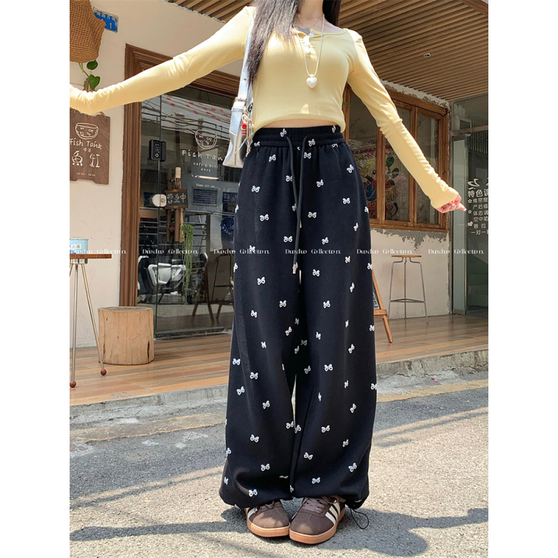 Casual nohavice s potlačou mašličky, široké nohavice, kórejský štýl, vysoký pás, dĺžka po podlahe, viskózovo-spandex zmes