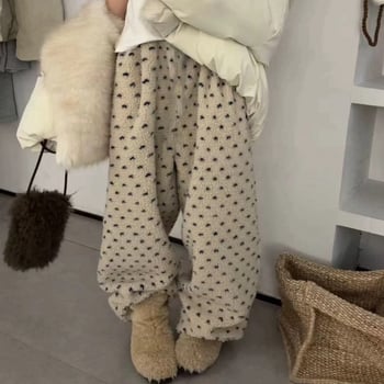 Ženske casual hlače od poliestera s ravnim krojem, elastični pojas, vezica, debeo pliš, japansko-korejski stil