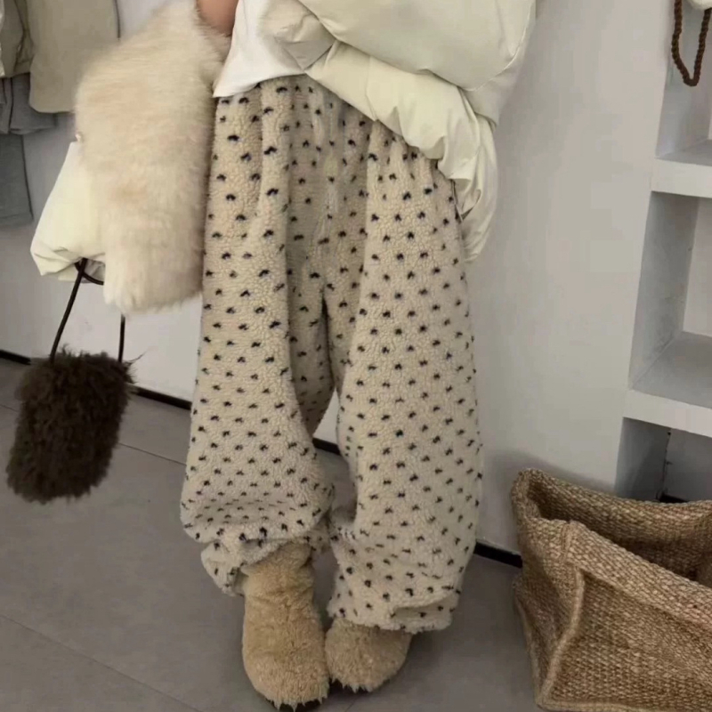 Ženske casual hlače od poliestera s ravnim krojem, elastični pojas, vezica, debeo pliš, japansko-korejski stil