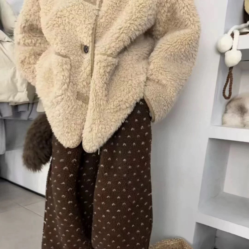 Ženske casual hlače od poliestera s ravnim krojem, elastični pojas, vezica, debeo pliš, japansko-korejski stil