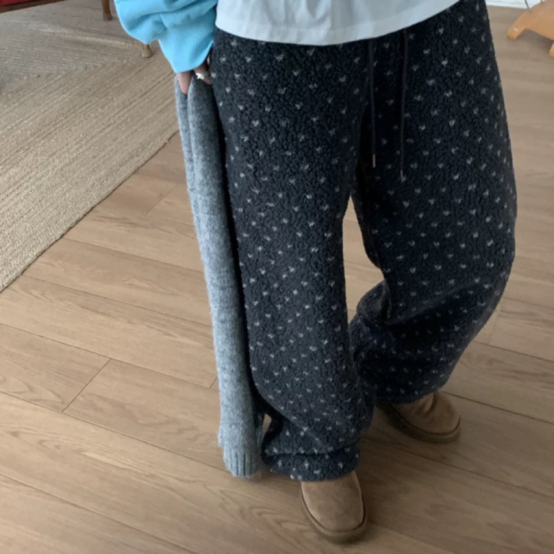 Ženske casual hlače od poliestera s ravnim krojem, elastični pojas, vezica, debeo pliš, japansko-korejski stil