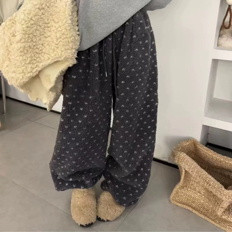 Ženske casual hlače od poliestera s ravnim krojem, elastični pojas, vezica, debeo pliš, japansko-korejski stil