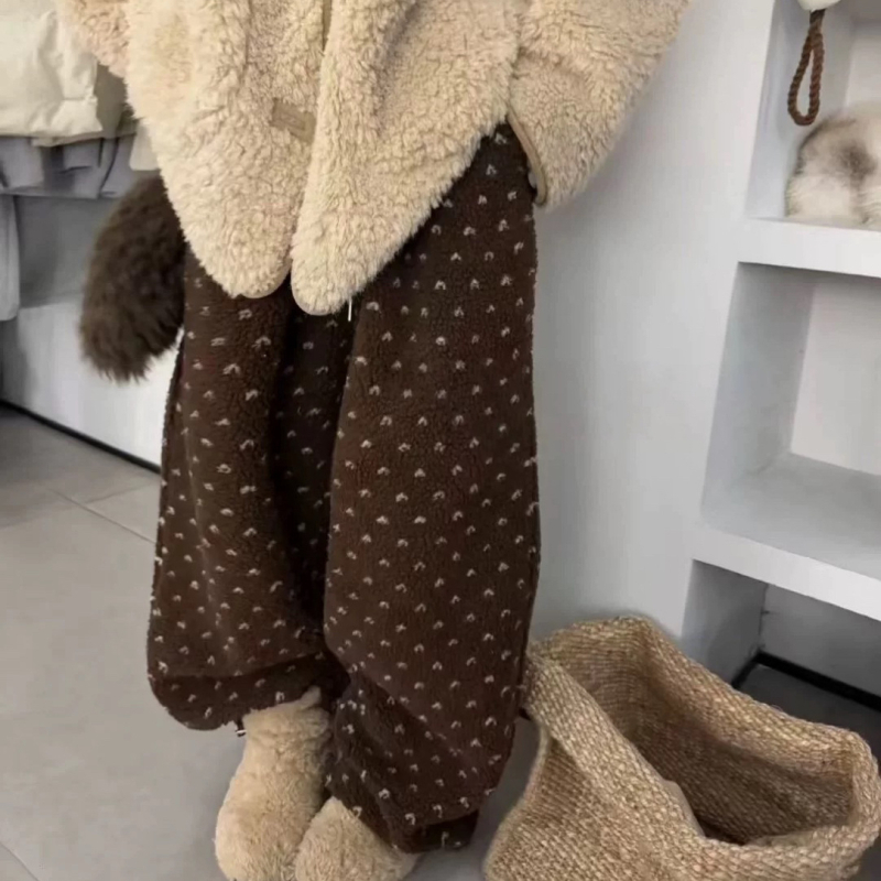 Ženske casual hlače od poliestera s ravnim krojem, elastični pojas, vezica, debeo pliš, japansko-korejski stil