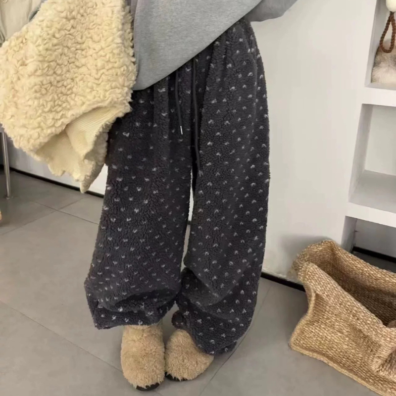 Ženske casual hlače od poliestera s ravnim krojem, elastični pojas, vezica, debeo pliš, japansko-korejski stil