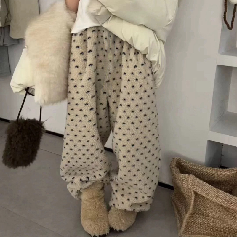 Ženske casual hlače od poliestera s ravnim krojem, elastični pojas, vezica, debeo pliš, japansko-korejski stil