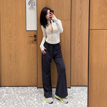 BYSU Dámske pohodlné široké nohavice s ribovanou textúrou, stredný pás, zmes polyester-spandex, 50–70% polyester, jar 2025