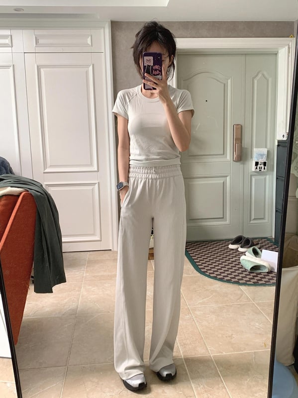 BYSU Dámske pohodlné široké nohavice s ribovanou textúrou, stredný pás, zmes polyester-spandex, 50–70% polyester, jar 2025