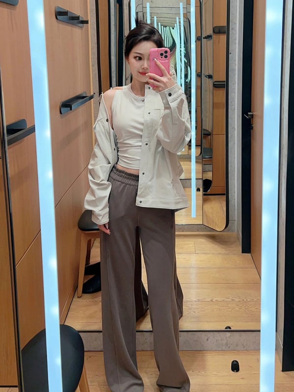 BYSU Dámske pohodlné široké nohavice s ribovanou textúrou, stredný pás, zmes polyester-spandex, 50–70% polyester, jar 2025