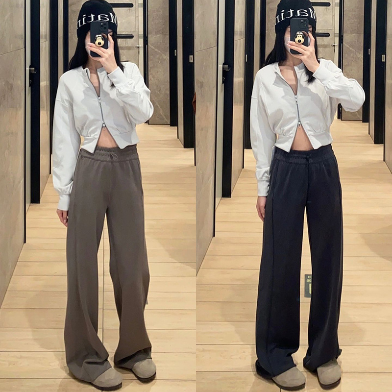 BYSU Dámske pohodlné široké nohavice s ribovanou textúrou, stredný pás, zmes polyester-spandex, 50–70% polyester, jar 2025