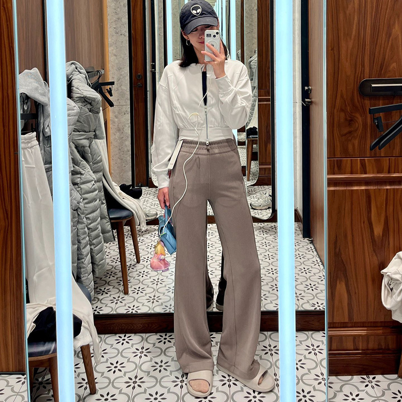 BYSU Dámske pohodlné široké nohavice s ribovanou textúrou, stredný pás, zmes polyester-spandex, 50–70% polyester, jar 2025