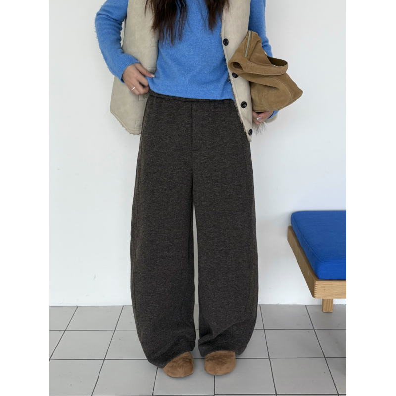 Ženské voľné nohavice s minimalistickým zakriveným strihom, zmes polyester-akryl-nylón-vlna-spandex; elastický pás; bežná hrúbka; zima 2025 (Polyester 68%; Akril 12%; Nylon 12%; Vlna 5%; Spandex 3%; Elastický pás; Bežná hrúbka; Zima 2025)