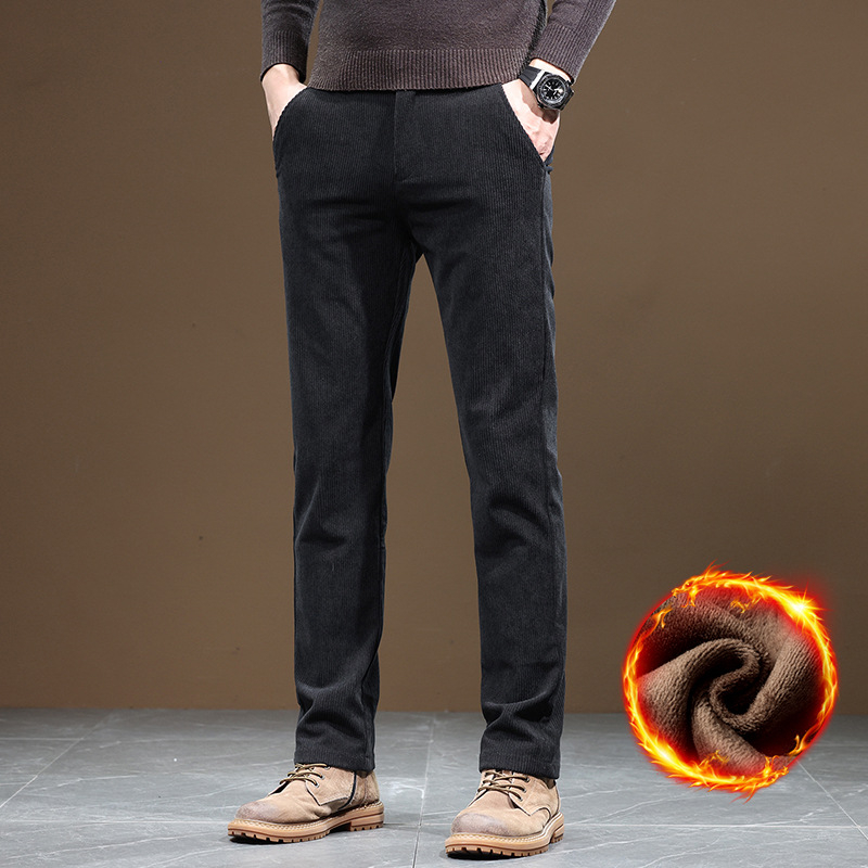 Muške hlače chenille fleece, prugaste, ravnog kroja, srednji struk, zip, zima, mikroelastične, 100% poliester