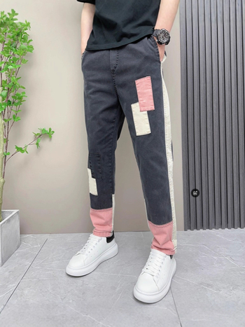 Jeans în stil coreean, cu patch-uri și blocuri de culoare, talie înaltă, închidere cu nasturi, croială dreaptă