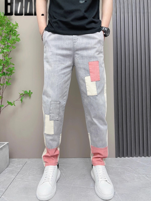 Jeans în stil coreean, cu patch-uri și blocuri de culoare, talie înaltă, închidere cu nasturi, croială dreaptă