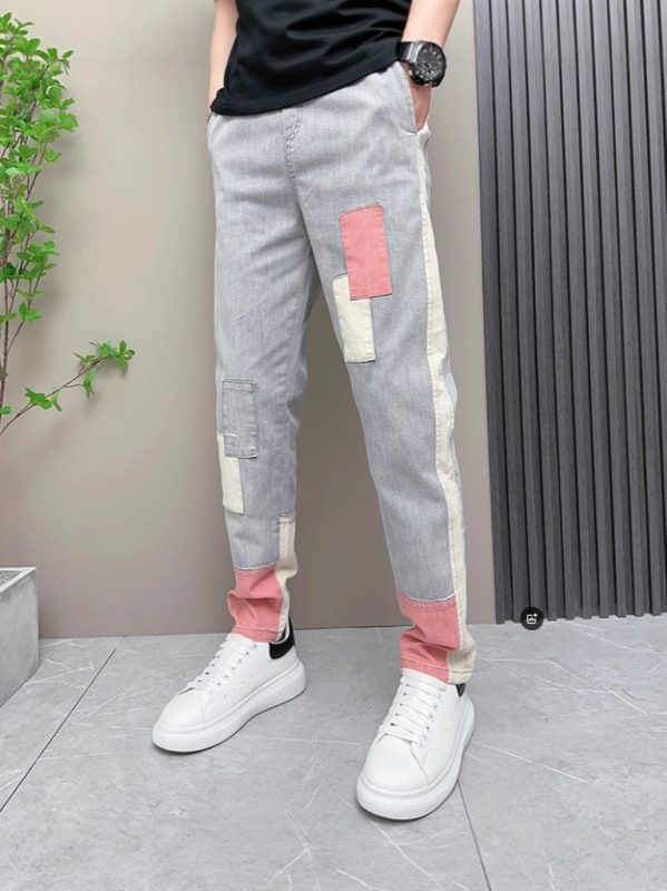 Jeans în stil coreean, cu patch-uri și blocuri de culoare, talie înaltă, închidere cu nasturi, croială dreaptă