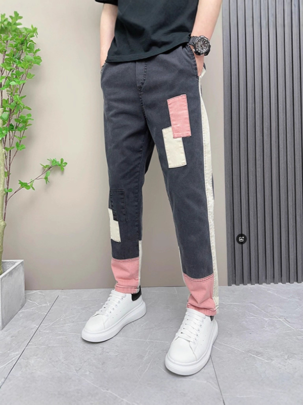 Jeans în stil coreean, cu patch-uri și blocuri de culoare, talie înaltă, închidere cu nasturi, croială dreaptă