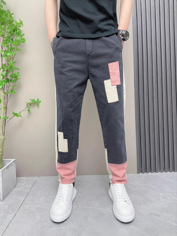 Jeans în stil coreean, cu patch-uri și blocuri de culoare, talie înaltă, închidere cu nasturi, croială dreaptă
